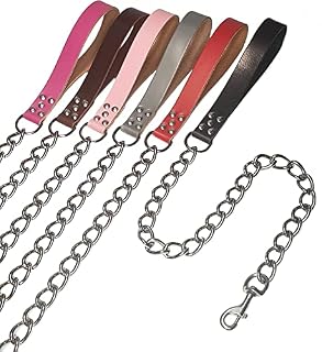 Heavy Duty Chain Lead Chew Proof Leash Non Rust Metal with Leather Handle for Large and Extra Large Dog up to 80kg (Black)