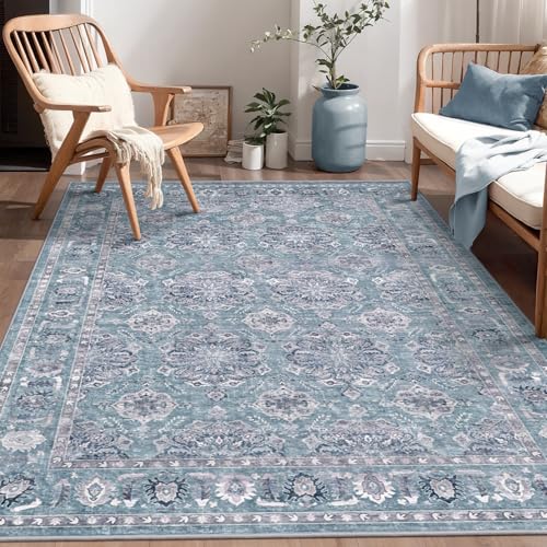 SERISSA Boho Bedroom Rug, 4x6 Vintage Floral Washable Non Slip, Ultra Soft Distressed Entry, Low-Pile Throw, Blue Grey Carpet for Nursery, Dorm, Kitchen, Living Room Decor