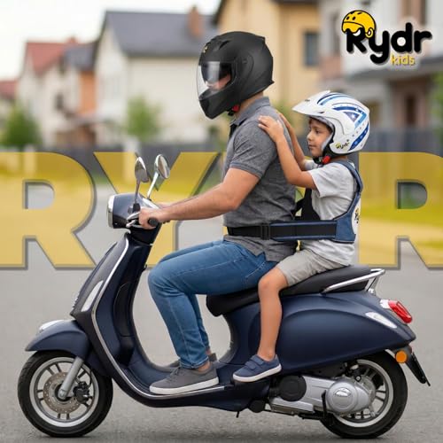 Image of RYDR Regular Motorcycle Safety Harness for Kids (2-12 Years) Adjustable Two-Wheeler Safety Belt for Child Rider with Reflective Strip, Sleek Back Support (Blue, Without Pocket)