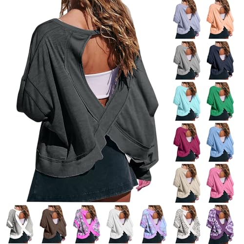 Womens Open Back Workout Tops Long Sleeve Athletic Tshirt Casual Trendy Y2k Shirt Loose Gym Running Yoga Crop Tee Top