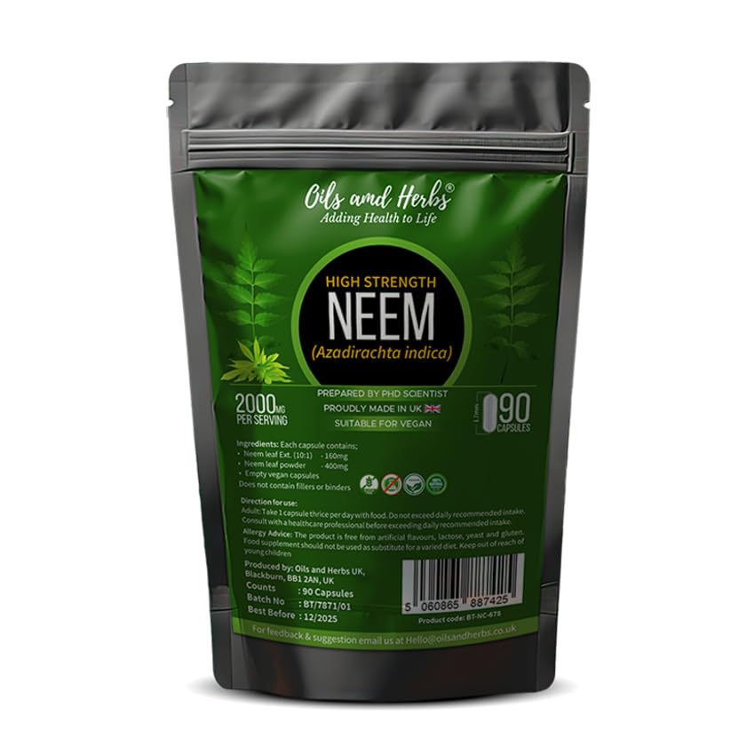 High Strength Neem Leaf Capsules -6000MG- 90 Caps- No Fillers or Binders - 100% Natural and Gluten Free Vegan Made in UK Prepared by Phd Scientist