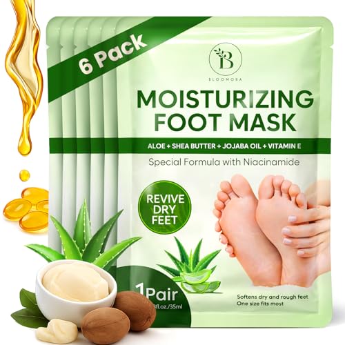 6er Pack Weichmachende Fußmaske Socken, Feuchtigkeitsspendende Anti-Hornhaut Socken mit Aloe, Sheabutter, Jojobaöl & Vitamin E, Fußmaske für weiche & trockene Füße