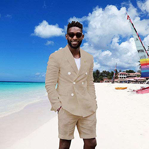 Mens Summer Linen Slim Fit Beach Suit 2 Pieces Breathable Blazer Shorts Suits2