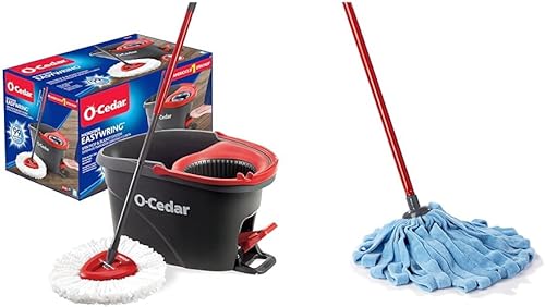 O-Cedar EasyWring - Trapeador giratorio de microfibra, sistema de limpieza de pisos de cubo, trapeador húmedo de tela roja, gris y de microfibra,