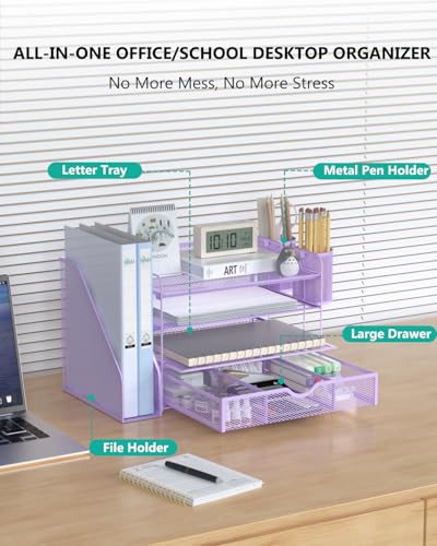 Image of WALI Desk File Organizer, 4 Tier Desktop Paper Letter Tray Organizer with Drawer and 2 Pen Holders, Office Desk Accessories & Workspace Organizers for Office, Home Supplies(DO005DH-V), 1 Pack, Purple
