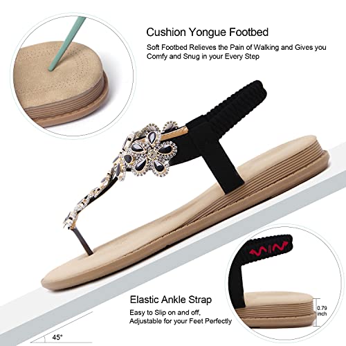 Image of iCKER Women Rhinestone Sandals T-Strap Buckle Bohemian Pearl Crystal Flat Sandals