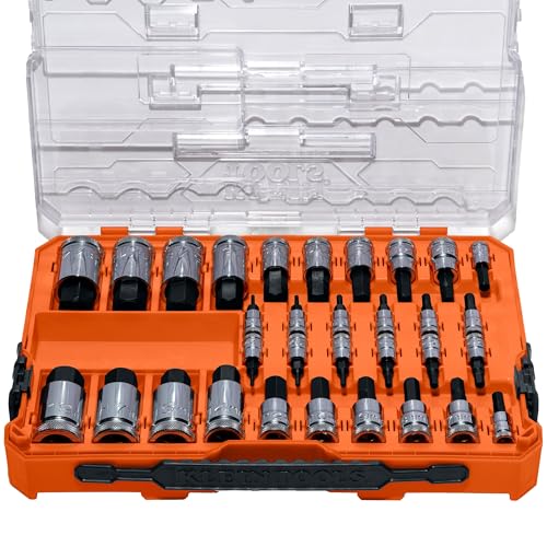 Klein Tools 65233HEX Hex Bit Socket Set 1/4 3/8 1/2-Inch Drives Knurled SAE (5/64 to 3/4 inch) and Metric (2 to 19mm) with MODbox Case 32-Piece