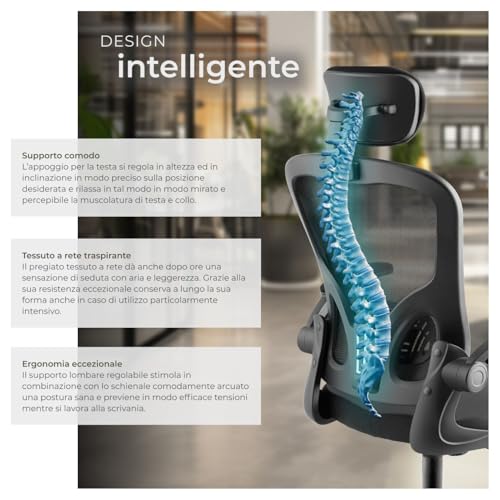 ® Sedia da Ufficio Ergonomica, Schienale Alto con Poggiatesta Regolabile, Sedia Ufficio con Supporto Lombare, Altezza Regolabile, Braccioli Pieghevoli, Rivestimento in Tessuto a Rete - Nero - Sedia gaming - Immagine 4