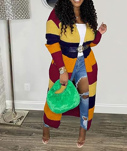 Image of SOMTHRON Women's Fall Cardigan Sweater Open Front Color Block Striped Knit Long Draped Coat Duster Outerwear