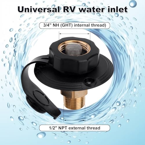 Image of BOXOB RV City Water Inlet Connection with Brass Check Valve, 3 /4 inch NH Female & 1 /2 inch NPT Male RV Fresh Water Fill Inlet Flange for Camper Motorhome Trailer Marine Replacement Hose Connector Fitting