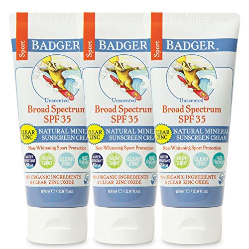 Badger - SPF 35 Clear Zinc Sport Sunscreen Cream - Unscented - Broad Spectrum Water Resistant Reef Safe Sunscreen, Natural Mineral Sunscreen with Organic Ingredients 2.9 fl oz (3 pack)