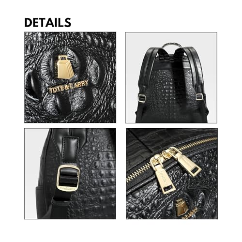 Image of Tote&Carry Apollo BFF Backpack for Women, Vegan Leather, Water-Resistant, Carry-On Luggage for Travel, Work & Daily Use (Alligator Skin, Black)