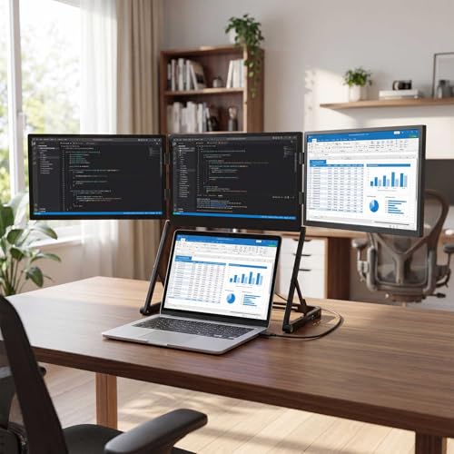 Image of 15.6'' Laptop Screen Extender Portable Triple Monitor | 1920x1080 IPS 3-Screen Foldable Display, Quad Screen View Workstation for 13.6 inch-17 inch Laptops,USB-C & Mini H /D Interface