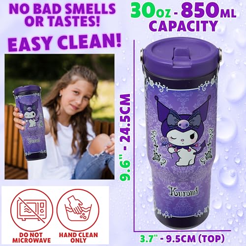 Image of Get Trend Hello Kitty Sanrio Tumbler Stainless Steel with Straw 30oz Girls Teens Insulated Cup with Lids, Kuromi Travel Mug, Kawaii Gifts for Girls (Purple Kuromi)