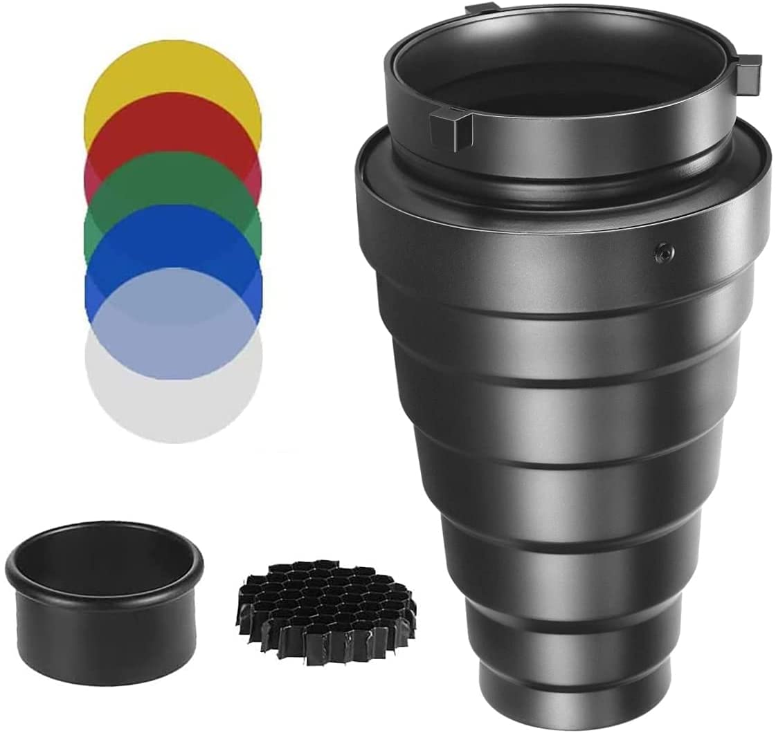 SYOSI Snoot, Room Flash Snoot, Metal Conical Snoot with Honeycomb Grid & 5pcs Color Filter Kit, for Bowens Mount Studio Flash Strobe Monolight