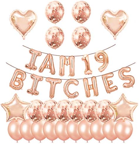 Santonila 19th Birthday Party Set-I am 19 Bitches Funny Banner Confetti Rose Gold Balloons for Girls 19 Years Old Birthday Decoration