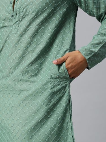 Image of Majestic Man Men's Cotton Blend Regular Fit Casual Polyester Mandarin Collar Ethnic Motifs Embroidered Long Regular Kurta