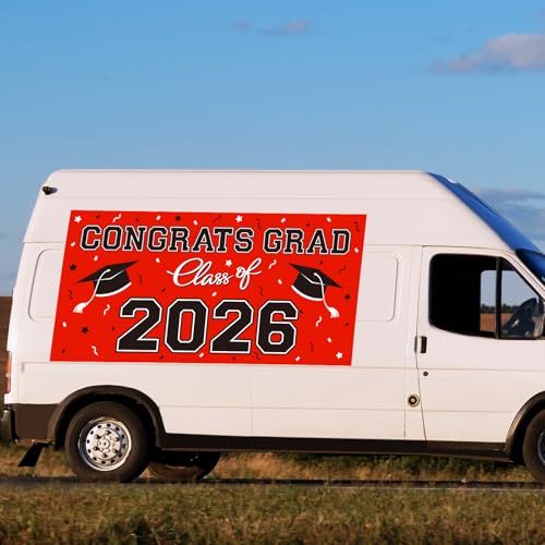 Image of 2026 Graduation Party Plastic Backdrop - 65 inch x 32.7 inch Congrats Grad Banner in Red, Large Class of 2026 Decorations, Photography & Grad Party Supplies
