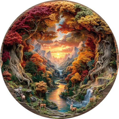 Puzzle redondo 3D de 1000 piezas para adultos, escena de naturaleza con ciervo, cascada y atardecer miniatura 1