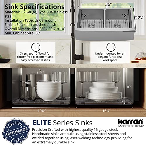 Karran Elite El-88 Apron-Front Stainless Steel 36 In. 16-Gauge Double Bowl Farmhouse Kitchen Sink Kit #TOP2
