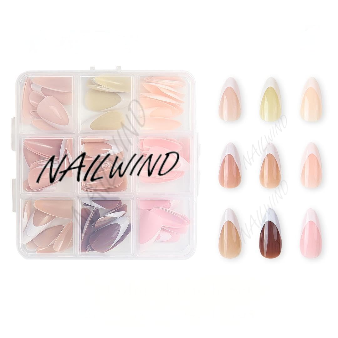 NAILWIND 9 Color Press On Nails Fake Nail 216 Pcs, French tip press-on nails, Press on Nail, Artificial Nail Extensions Combo in Multicoloured, Full Cover Glossy Nude False Acrylic Nails for Women Girls (04)