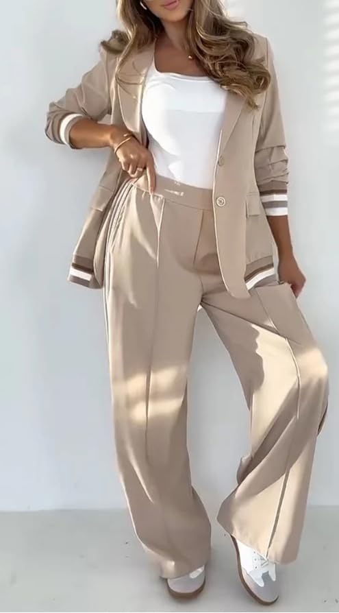 2025 Temperament Solid Color Ribbed Suit Set, Blazer and High Rise Straight Leg Pants Sets, Womens Dressy 2 Piece Pant Suits3