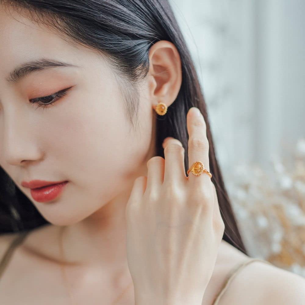 Anello In Argento Sterling 925,Anelli Sfaccettati Regolabili Per Donna Rotondo Sintetico Giallo Cristallo 925 Corona Di Foglie In Argento Placcato Oro Retrò 7 Chakra Anelli Di Promessa Per Ragazze