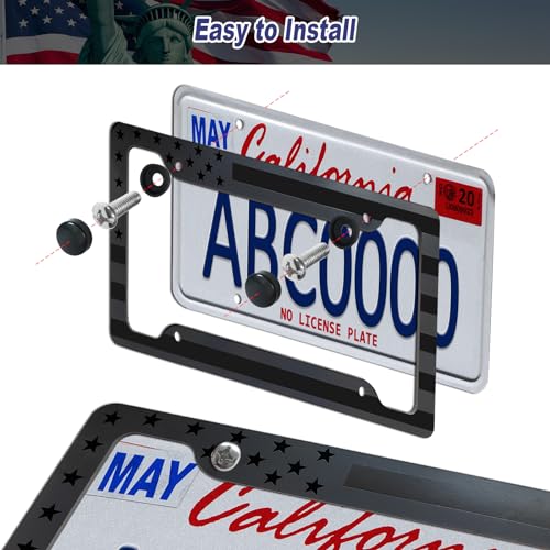 Image of BGGTMO American Flag License Plate Frames, 2 Pack Front Rear Aluminum | Black Gray Patriotic USA Stars and Stripes, Brushed Aluminum-Plastic Material, Car Tag Holder with Screws Caps