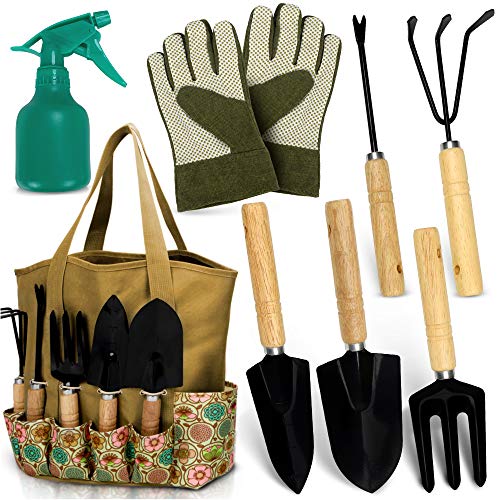 Scuddles Garden Tools Set - 8 Piece Heavy Duty Gardening Kit with Storage Organizer, Ergonomic Hand Digging Weeder Rake Shovel Trowel Sprayer Gloves Gift for Men Or Women