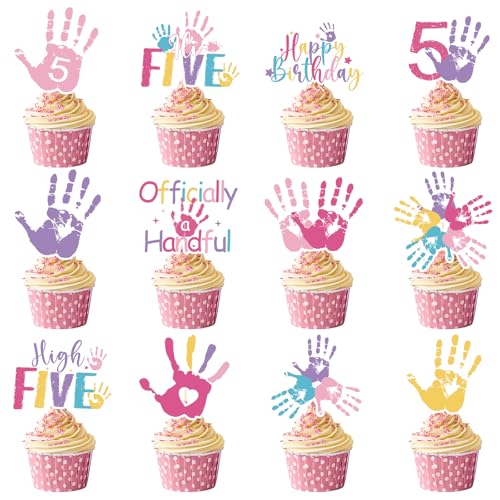 High Five Birthday Party Decorations - 36 Pcs Officially a Handful 5th Cupcake Toppers Bday Decor Hand Print Happy 5th Birthday Party Cake Decorations Supplies for 5 Year Old