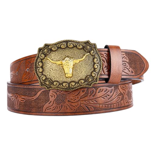 Brown Belt Men 43 Inch Bull Pattern PU Leather Belt with Buckle 1.5" Wide Easy Matching Vintage Men for Cowboy, Cosplay, Daily, Gifts for Brown Leather2