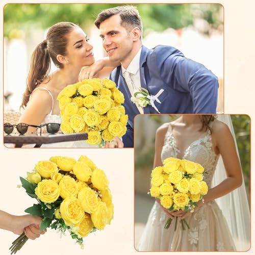 Image of 8 Pack Yellow Peonies Artificial Flowers, Fake Silk Hydrangea Bouquet for Bridal Wedding Home Table Decor Reusable Dining Opening Ceremony Birthday Arrangement Faux Floral