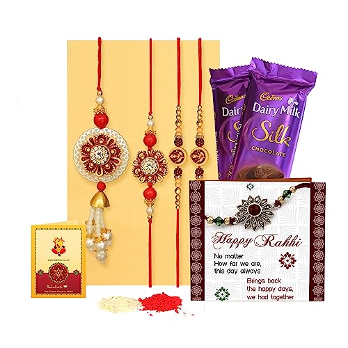 Image of TIED RIBBONS Rakhi Set 4 for Brother and Bhabhi with Chocolates Gift - Premium Lumba Rakhi Set with Chocolates Chawal Roli Chawal and Mini Greeting Card - Bhaiya Bhabhi Rakhi's with Gift