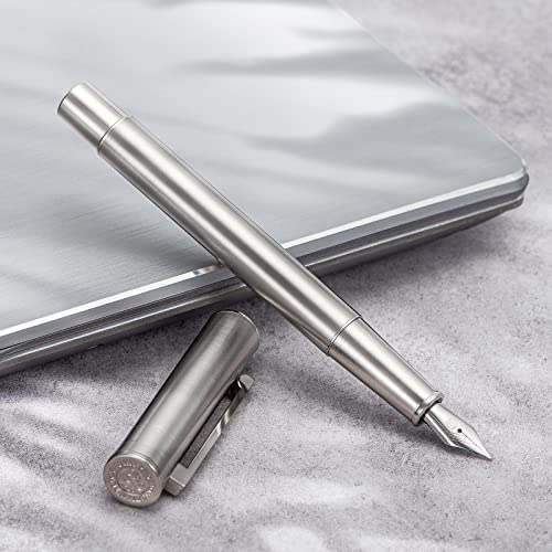 Image of HONG DIAN Forest Pro Silver Stainless Steel Fountain Pen, Medium Nib Classic Design Smooth Writing Pen with Ink Refill Converter and Metal Pen Box Set