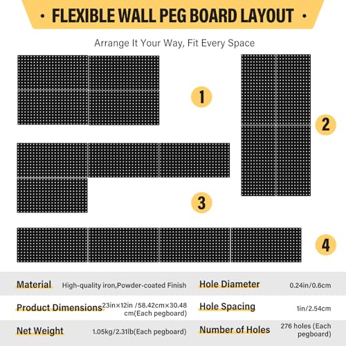 Image of DEWEL Peg Board, 23 inch x 12 inch Metal Pegboard Wall Organizer Kit, 4 Pack Pegboard Panels with 20 Hooks,Black Pegboard Tool Wall Organizer System for Garage and Garden(4pcs black)