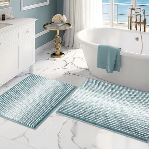 BSICPRO Bathroom Rugs and Mats Sets, 2 Piece Thick Absorbent Chenille Bath Mat Rug Set Non Slip, Soft Shaggy Bath Room Floor Mats for Bathroom, Machine Washable (Sea Green, 20