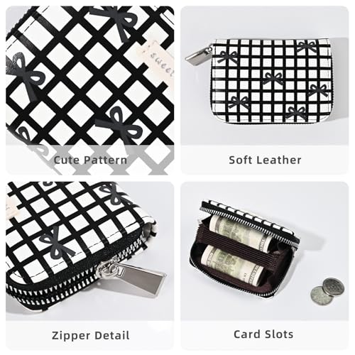 Credit Card Holder, Coquette Cute Bow Ladies Card Wallet, Checkered Bow Design Business Card Holder Small Wallets Woman for Cash, ID Card (Black)3