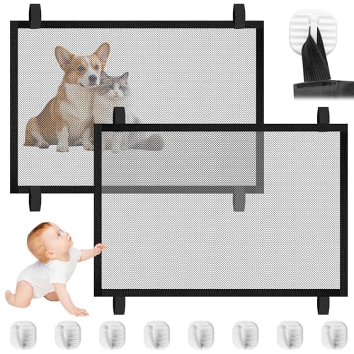 2 Stück Türschutzgitter Ohne Bohren, 110x72CM Treppenschutzgitter Ausziehbar, Türgitter Hunde, Schutzgitter Treppe Mit 8 Klebehaken Haustiere Kinderschutzgitter für Innen- Außenbereich Außenbereich