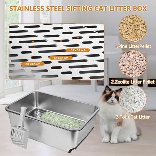 23.5''x15.7''x8'' Edelstahl-Wurfkiste, XXL ausziehbare, siebende Wurfkiste für Kiefernpellets, Hochseiten-Metall-Wurfkastensystem für Großkatzen mit Plastikschaufel &10 Urinpads (20CM)