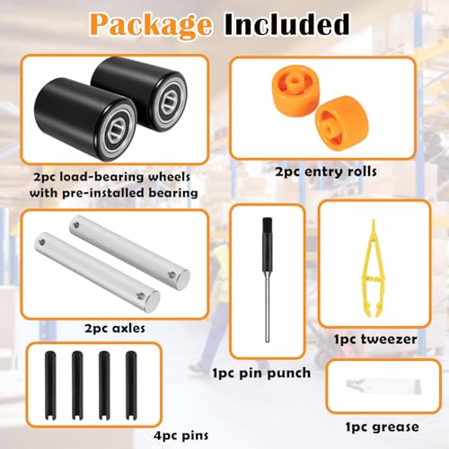 Image of Fit for Crown PTH50 Pallet Jack Front Load Wheels Replacement Kit, Pair Front Load Roller(2.78 inch x 3.75 inch), with Pre-Installed Bearings, Axles, 20mm ID Poly Tread, Pins and Install Tool Kit