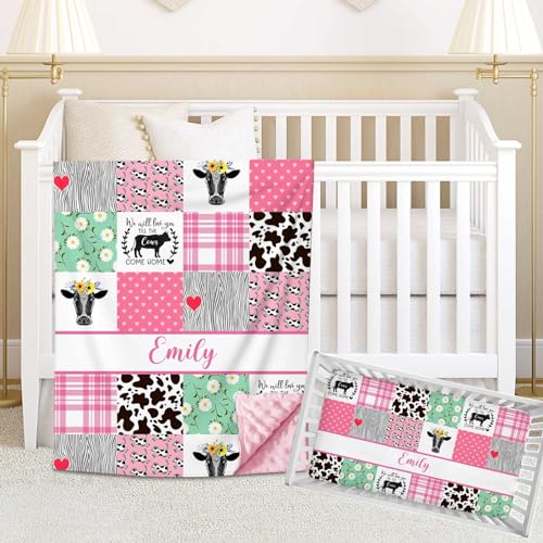 Naseagleeye Personalized Crib Bedding Set for Girls, Custom Baby Crib Bedding Sets with Name, Farm Cow Pink 2 Pieces Nursery Bedding, Crib Comforter Crib Fitted Sheets for Newborn Babies