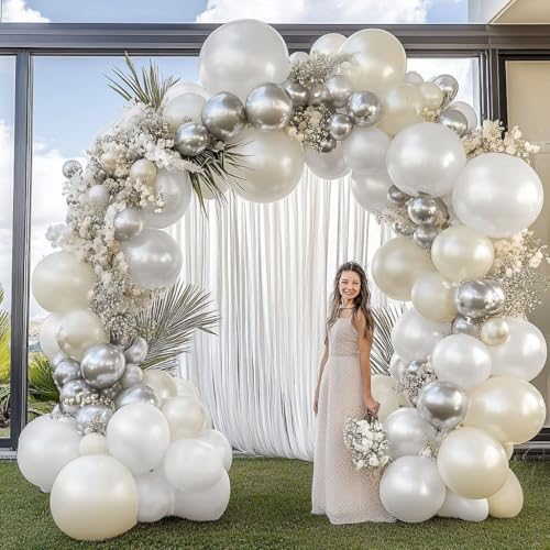 White and Silver Balloon Garland - Double Stuffed Pearl Sand White Silver Balloons Arch Kit 5 12 18 inch for Birthday Graduation Bar Mitzvah Bachelorette Wedding Baby Shower Party Decoration - Image 7