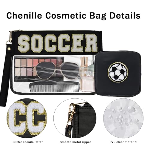 2 Pcs Soccer Snack Bags Team Gifts Cosmetic Makeup Bag with Chenille Letter Patch PVC Organizer Purse,Portable Zipper Waterproof Travel Storage Bag for Mom Women Girls4
