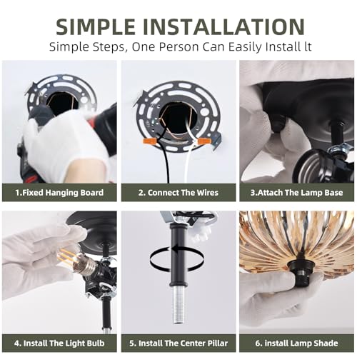 Image of Semi Flush Mount Ceiling Light, 11.8 Inch Black Vintage Hallway Light Fixture with Amber Glass, Close to Ceiling Light for Bedroom Kitchen Living Room Bathroom Foyer, E26 Base