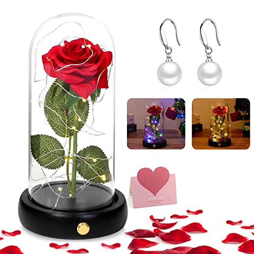 Elekin Rosa Eterna,Rosa de la Bella y la Bestia, Kit de Rosa de Cúpula de Cristal con Luces LED Flores Artificiales con Base de Madera Regalo del Día de La Madre Decoraciones Aniversario Boda