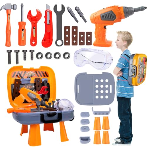 Juguetes Construcción, 37 Piezas Juego de Herramientas para Niños, Caja de Herramientas con Taladro Electrónico y Martillo, Herramientas de Juguete para Niños de 4-9 Años, Regalo...