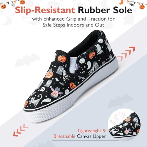 waddle wonder Toddler Halloween Slip-On Loafers for Boys&Girls, Black Canvas with Ghosts & Pumpkins Shoes School Walking Tennis Sneaker Sizes 6-104