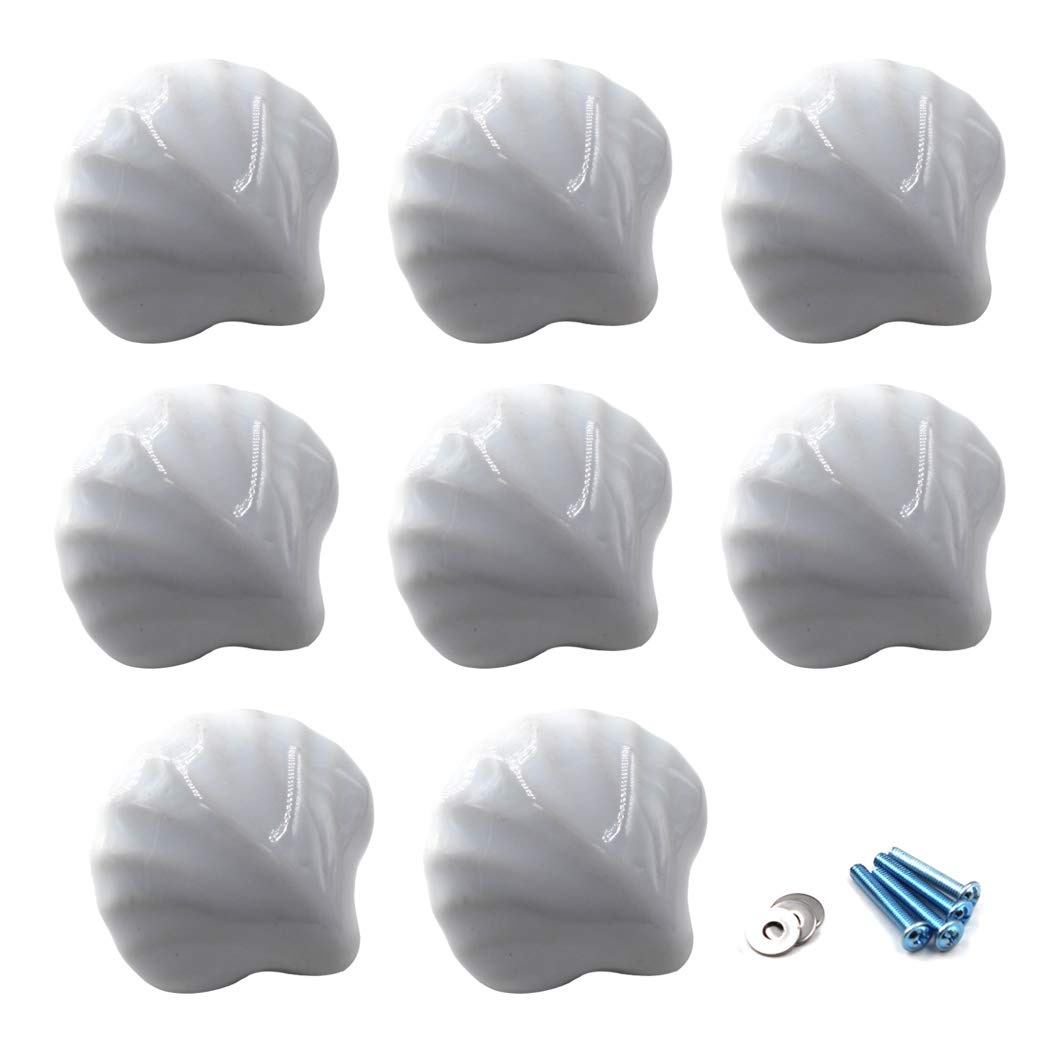 bianca Manopola per cassetto Manopole per armadio in ceramica Maniglia per camera da letto Maniglione a forma di conchiglia per cassettiere Comodino Confezione da 8 (viti incluse)