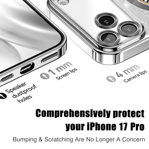Image of Misscase for iPhone 17 Pro Magnetic Glitter Case Compatible with MagSafe,Full Protection Slim Shockproof Anti-Scratch Case with Camera Lens Protector Plating Bling Dust-Proof Net Silver