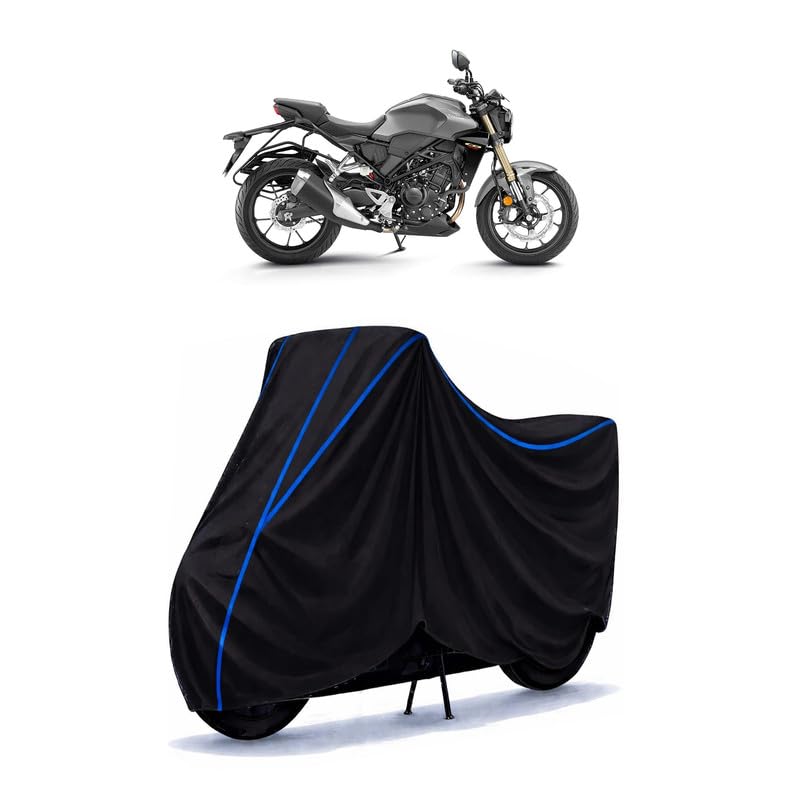 Image of CB 300 R Bike Cover Water Resistant Universal Motorcycle Rain | Heavy Duty UV Protection, Dust, Scratch Indoor Outdoor All Weather with Black Blue Piping Elastic